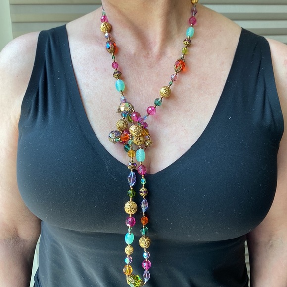 Women's long gold multi colored beads and stones necklace - Picture 8 of 8